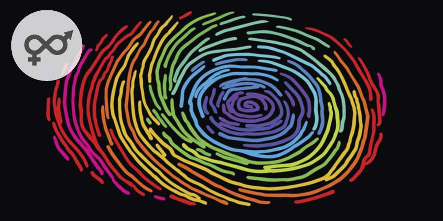 Artistic impression of a thumb print consisting of a rainbow of colours depicting LGBTIQ community